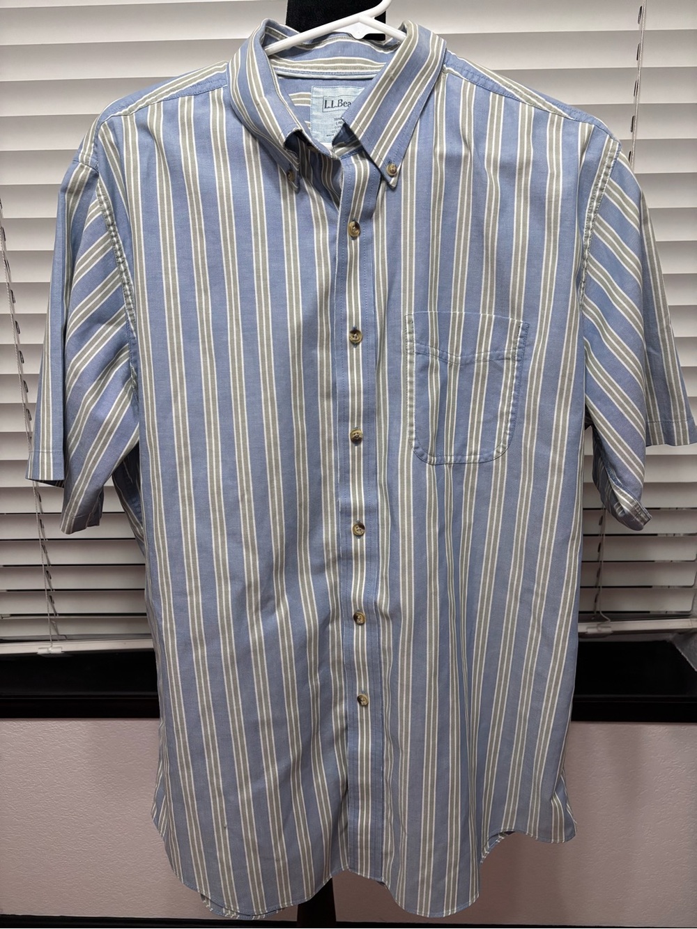 L.L. Bean Blue and White Vertical Stripe Short-Sleeve Button-Down Shirt